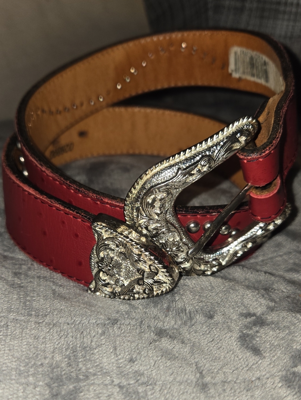 Tex Tan-Red Cowhide Western Belt with Stud and Floral Details-Size Medium